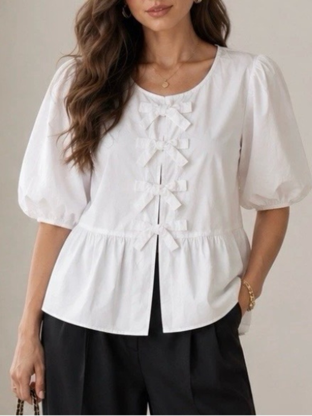 Velvet Heart Los Angeles Womens XL White Bow Front Peplum Puff Sleeve Cotton Top